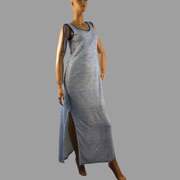 Lauren Ralph Lauren Maxi Dress Sz S White Blue Striped Sleeveless Side Slits - Picture 1 of 12